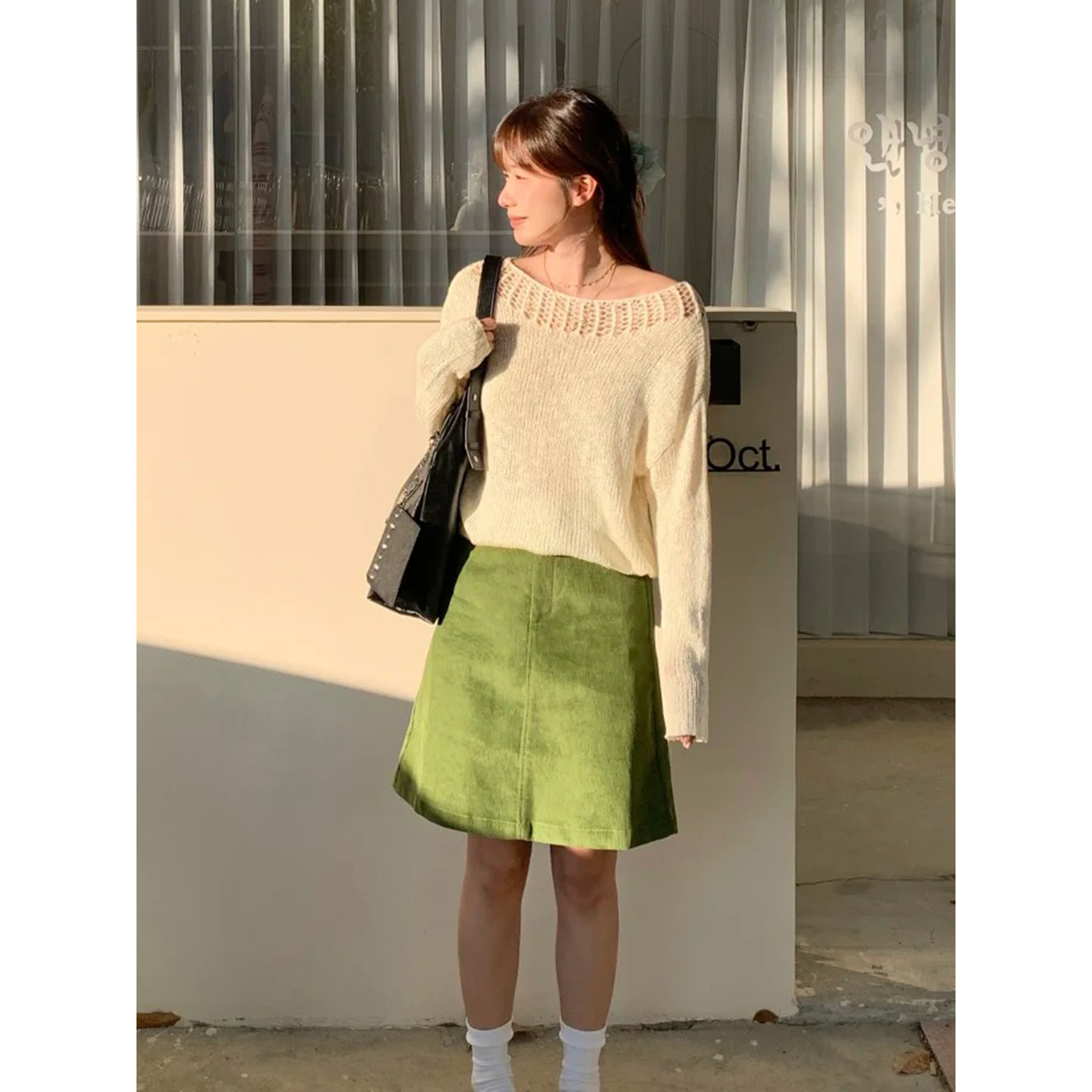 日系灯芯绒牛油果绿色高腰短裙女