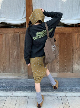 自制日系复古麻黑色毛衣外套女秋冬慵懒风可爱小猫咪提花针织开衫