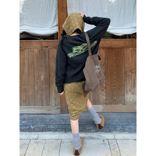 自制日系复古麻黑色毛衣外套女秋冬慵懒风可爱小猫咪提花针织开衫