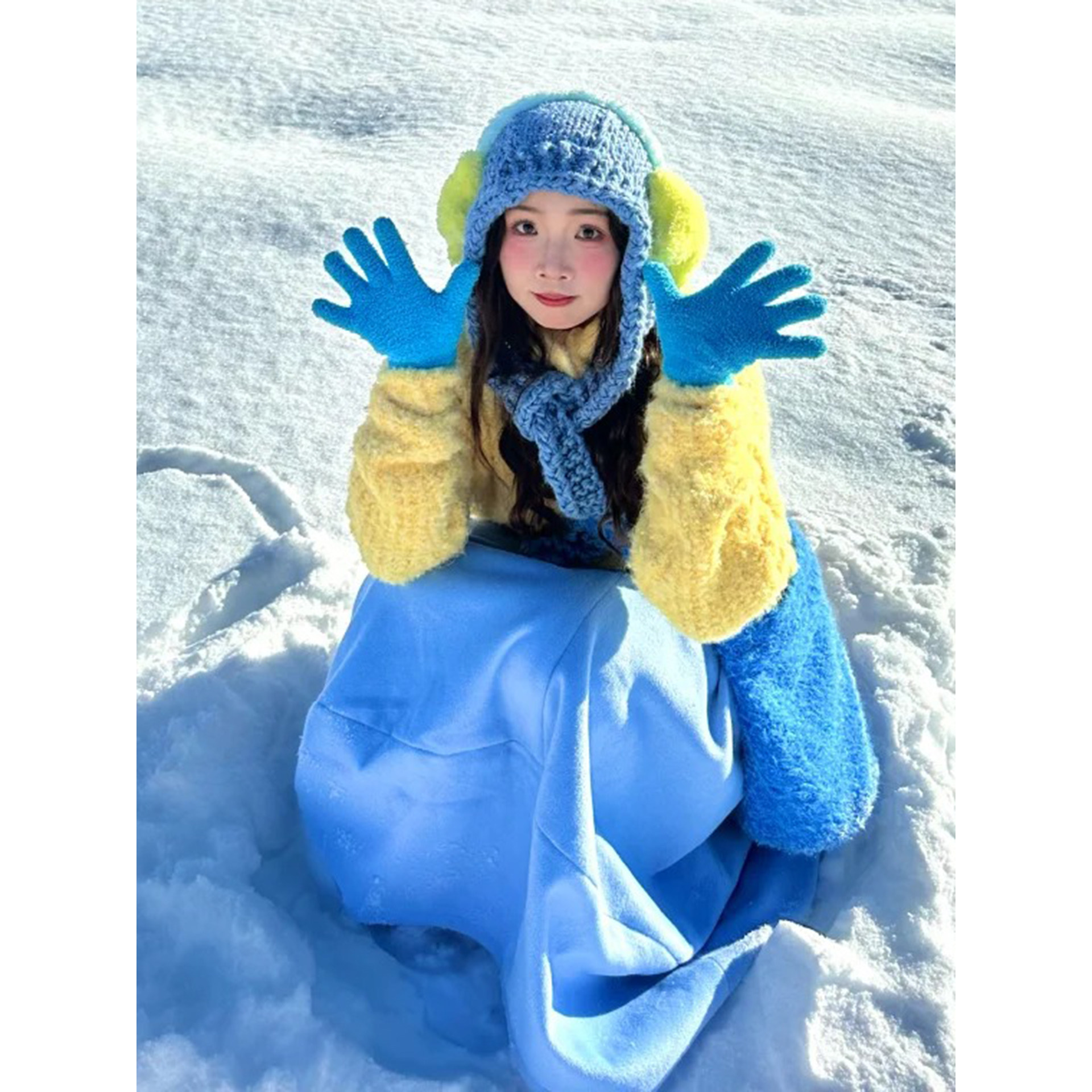 自制甜美日系温柔奶油蓝色毛呢半身裙女秋冬宽松加厚呢子花苞长裙