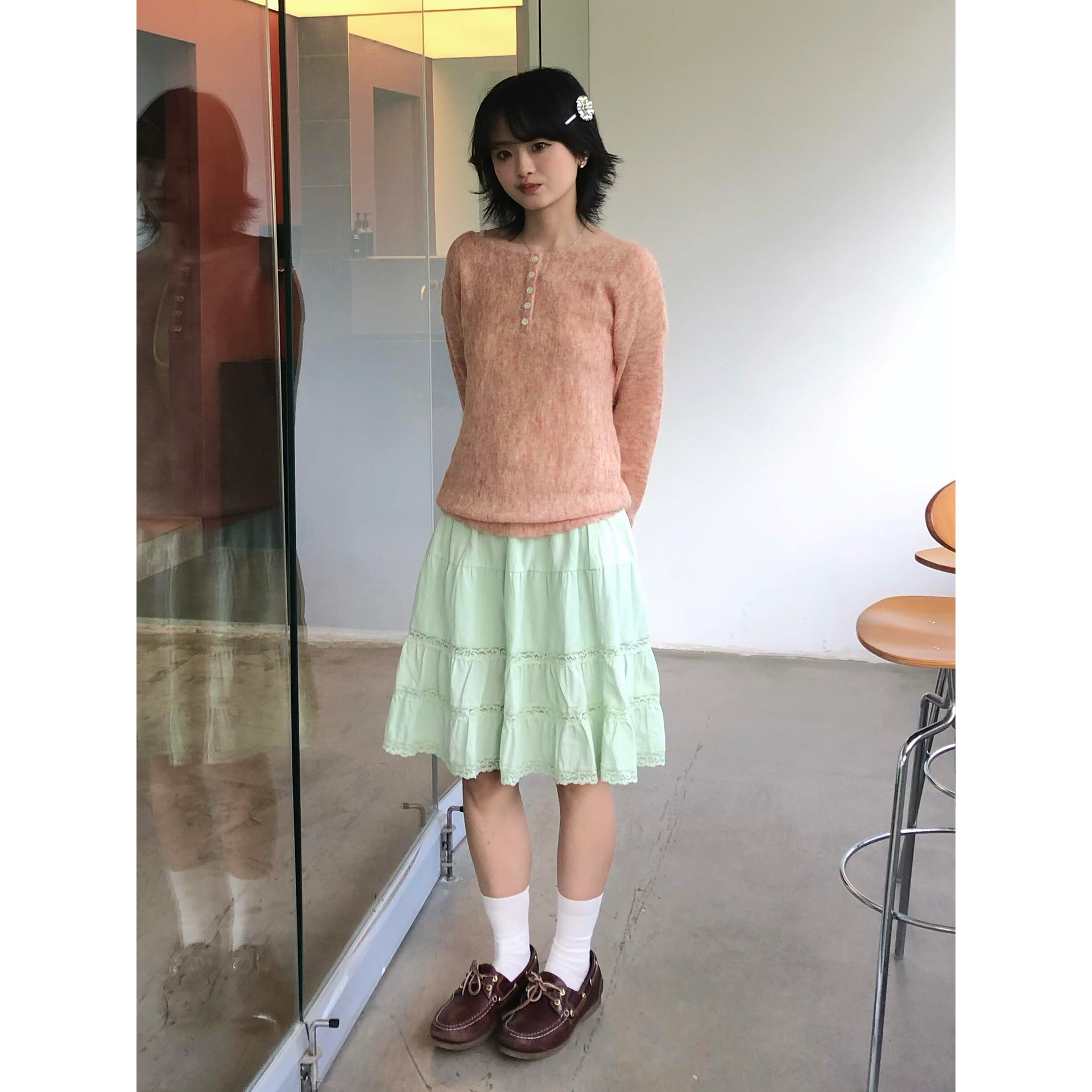 日系少女风清新豆绿色蕾丝花边半身短裙夏甜美小众设计感蛋糕中裙