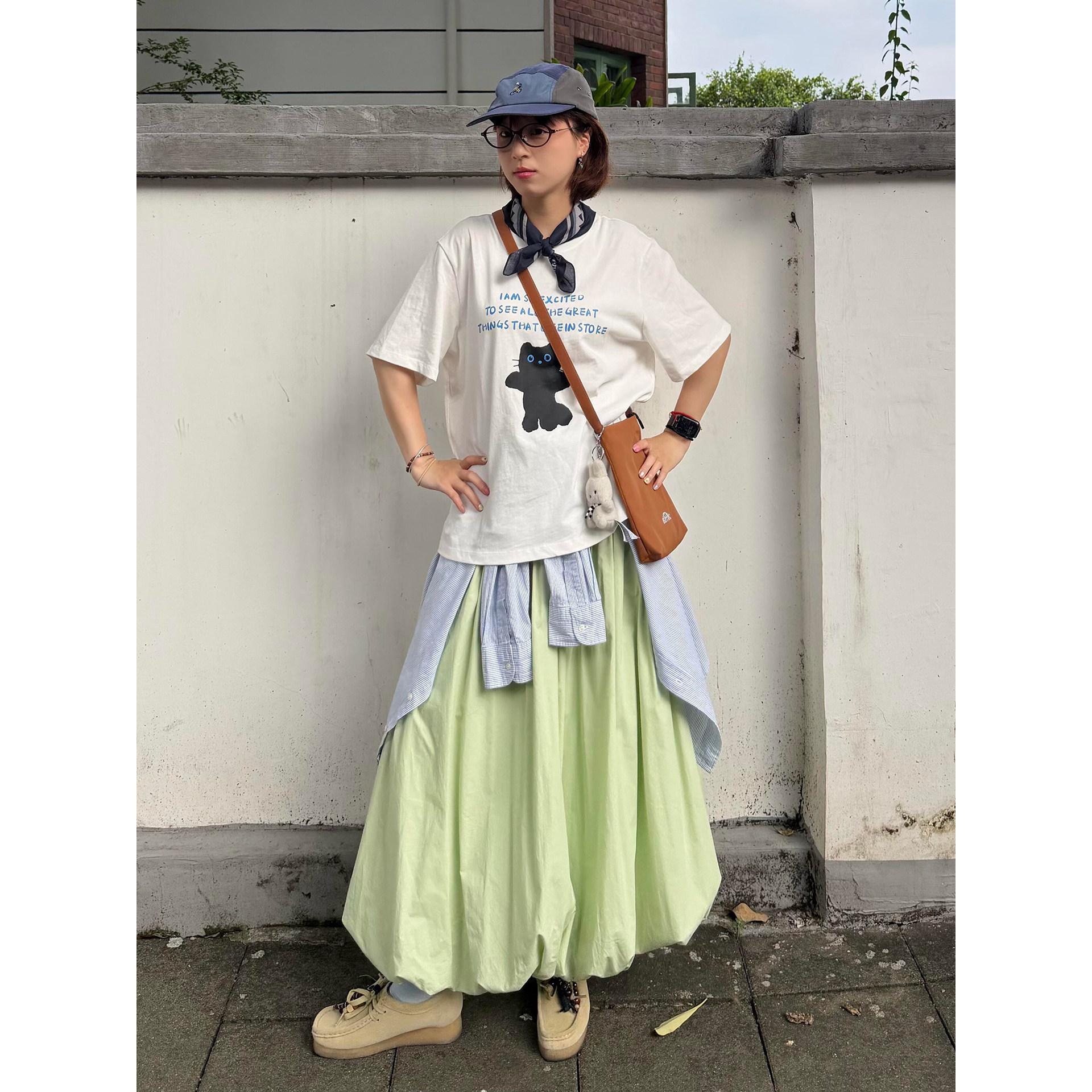 自制日系少女风苹果绿色小清新高腰灯笼裙学院风空气感花苞半身裙