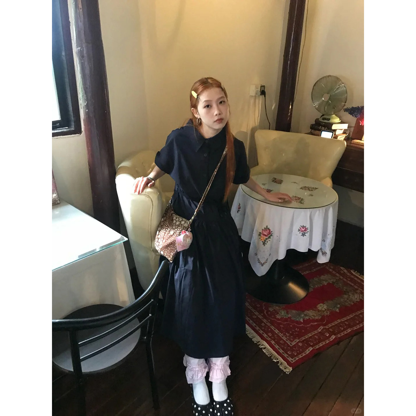 自制日系复古藏青色短袖衬衫连衣裙女夏季学院风气质收腰显瘦长裙