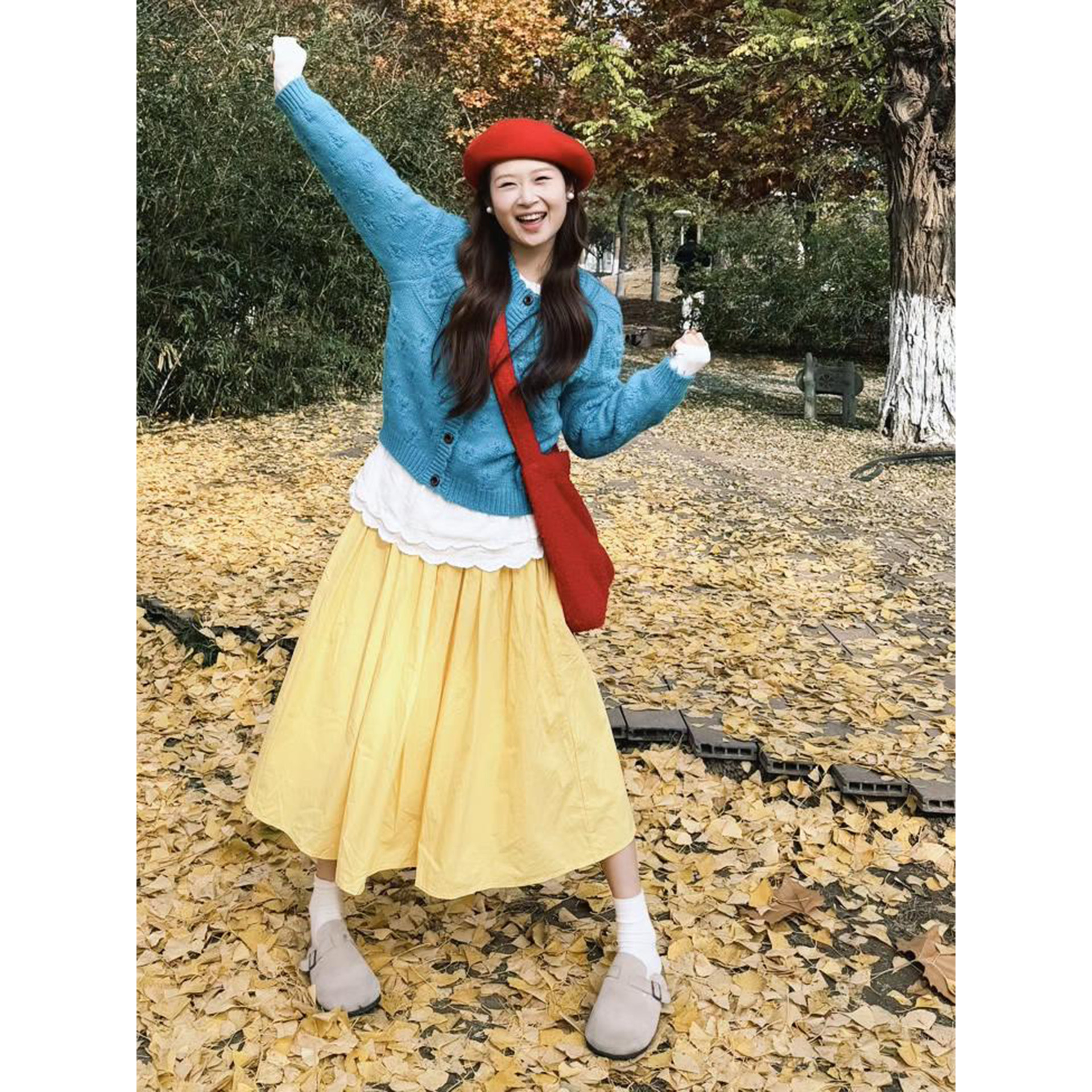 自制甜美日系奶油黄半身裙女可爱学生温柔风中长款鹅黄色a字伞裙