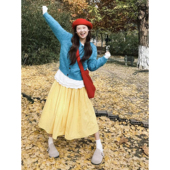 自制甜美日系奶油黄半身裙女可爱学生温柔风中长款 鹅黄色a字伞裙