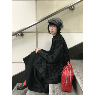 自制暗黑风日系黑色网纱波点衬衫女秋重工小众设计感复古压褶衬衣