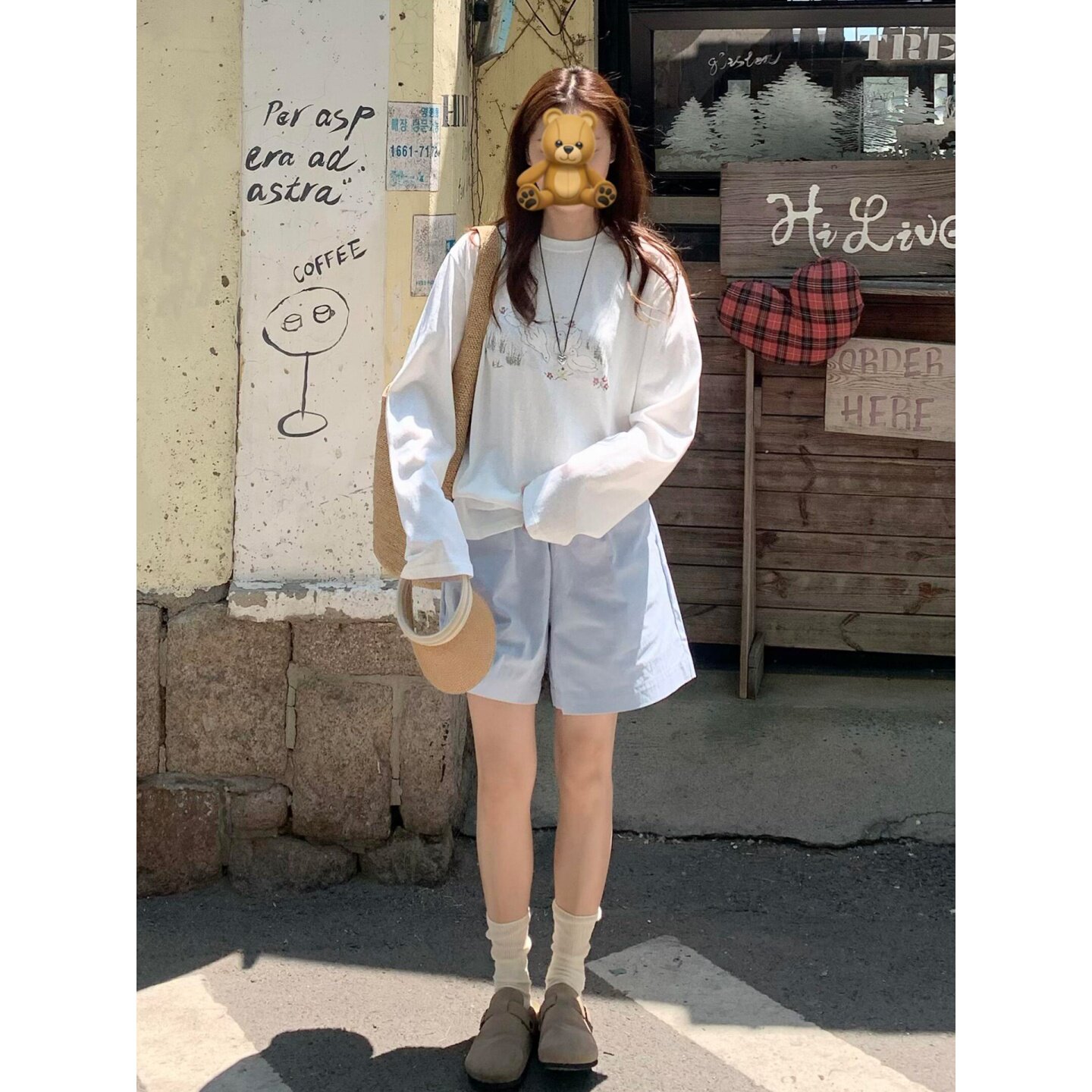 自制日系奶蓝色高腰休闲短裤夏季盐系少女学院风宽松百搭阔腿热裤