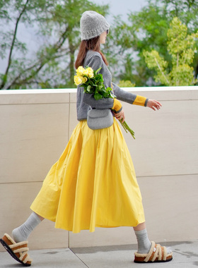 日系早春鹅黄色纯棉高腰半身裙26多巴胺明黄色重工褶皱大摆伞裙夏