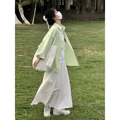 日系苹果绿长袖衬衫女显白