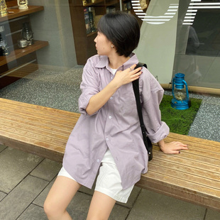 自制香芋紫日系港风衬衫女秋ins潮盐系小个子高级感宽松长袖衬衣