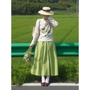 日系文艺风青草绿宽松高腰半身裙女夏简约休闲学生显瘦a字中长裙