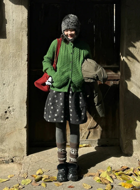 日系高级感深灰色碎花毛呢半身裙女秋冬季加厚学生设计感花苞中裙