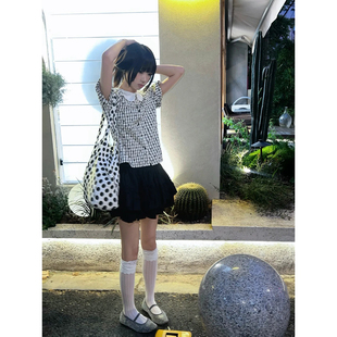 自制甜美日系拼色娃娃领正肩衬衫 学生格子衬衣 女夏短款 小个子修身