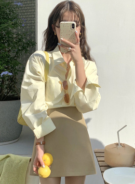 自制奶油黄长袖衬衫女夏宽松日系学生设计感高级防晒衫鹅黄色衬衣