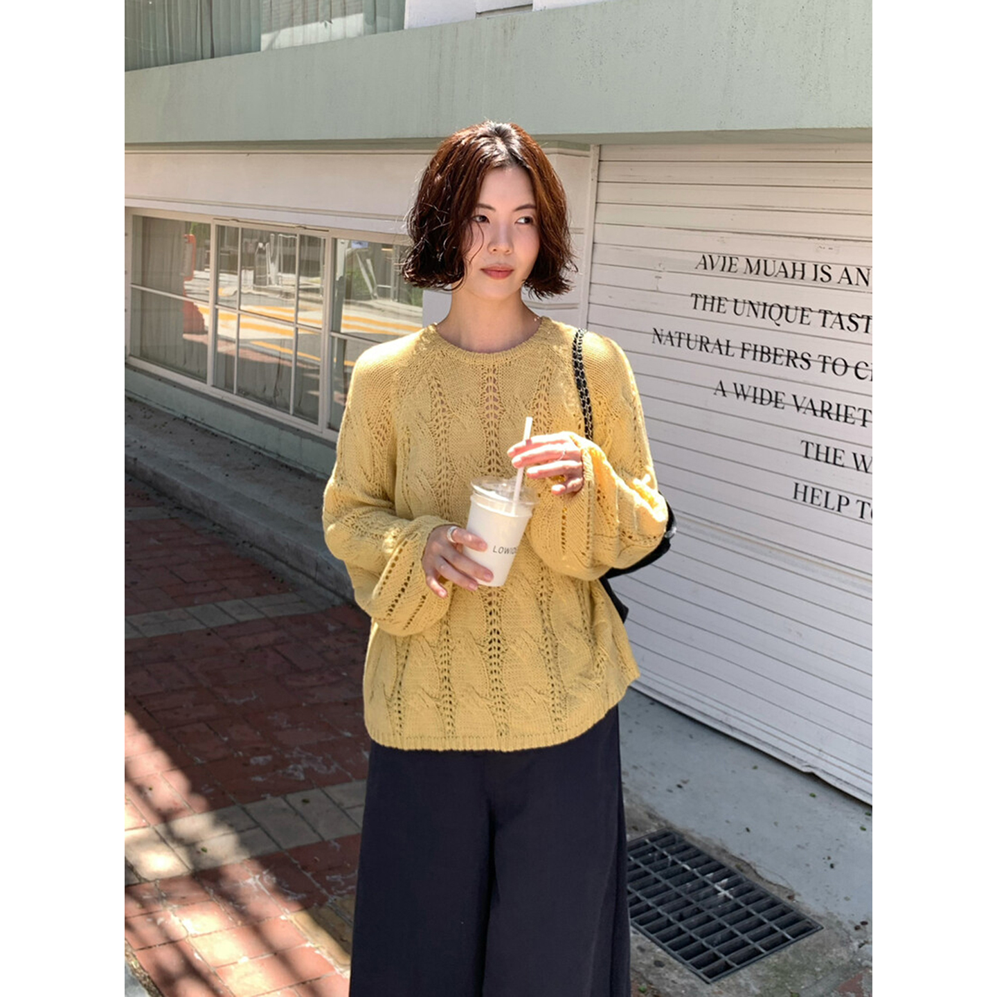 自制日系甜美风姜黄色镂空针织衫女秋温柔风学生百搭圆领套头毛衣