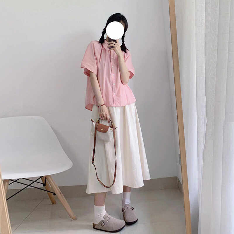 自制日系学院风藕粉色甜美衬衫女夏季学生小众设计感宽松短袖衬衣