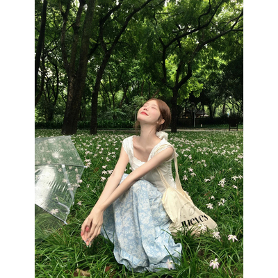 甜美日系奶油蓝碎花半身裙夏