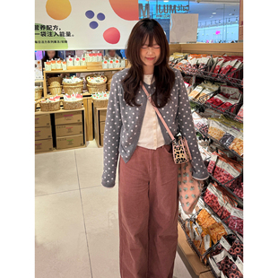 日系设计感灰色假两件波点针织衫女复古学院风单排扣短款毛衣外套