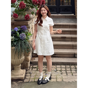 自制小个子日系学生收腰正肩衬衫短裙女夏季复古设计感系带连衣裙