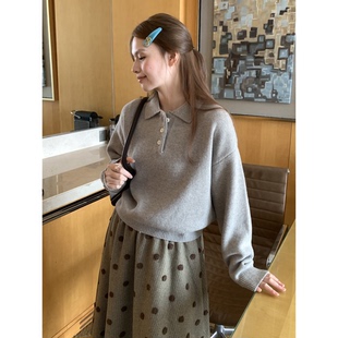 日系学院风灰色翻领长袖毛衣外套女小个子复古纯色显瘦套头针织衫
