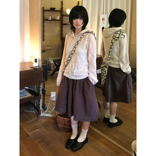 自制日系重工设计感棕色拼接蕾丝短裙女春夏学生系带百搭半身中裙