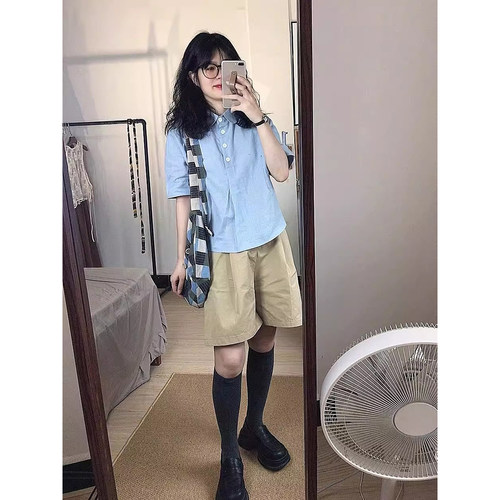 学院工装风甜美百搭五分直筒裤子