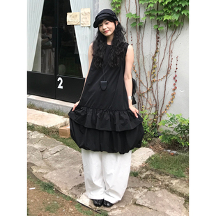 自制暗黑日系小众设计感背心花苞长裙女夏学生宽松叠穿无袖连衣裙