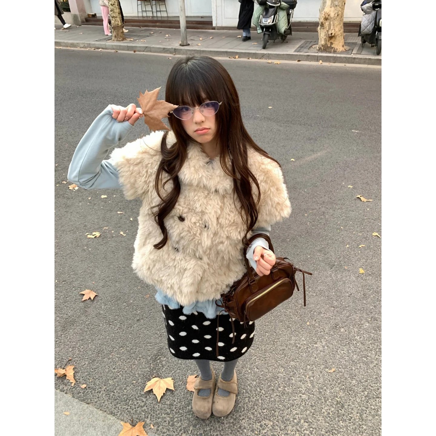 自制甜美日系黑色波点毛衣短裙女秋冬学生百搭加厚直筒针织半身裙