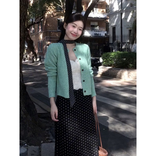 自制甜美日系薄荷绿短款毛衣开衫外套高腰波点直筒毛呢半身裙套装