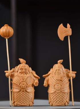 批发崖柏黄杨木哼哈二将摆件创意雕刻摆饰家居供奉哼哈二将摆件礼