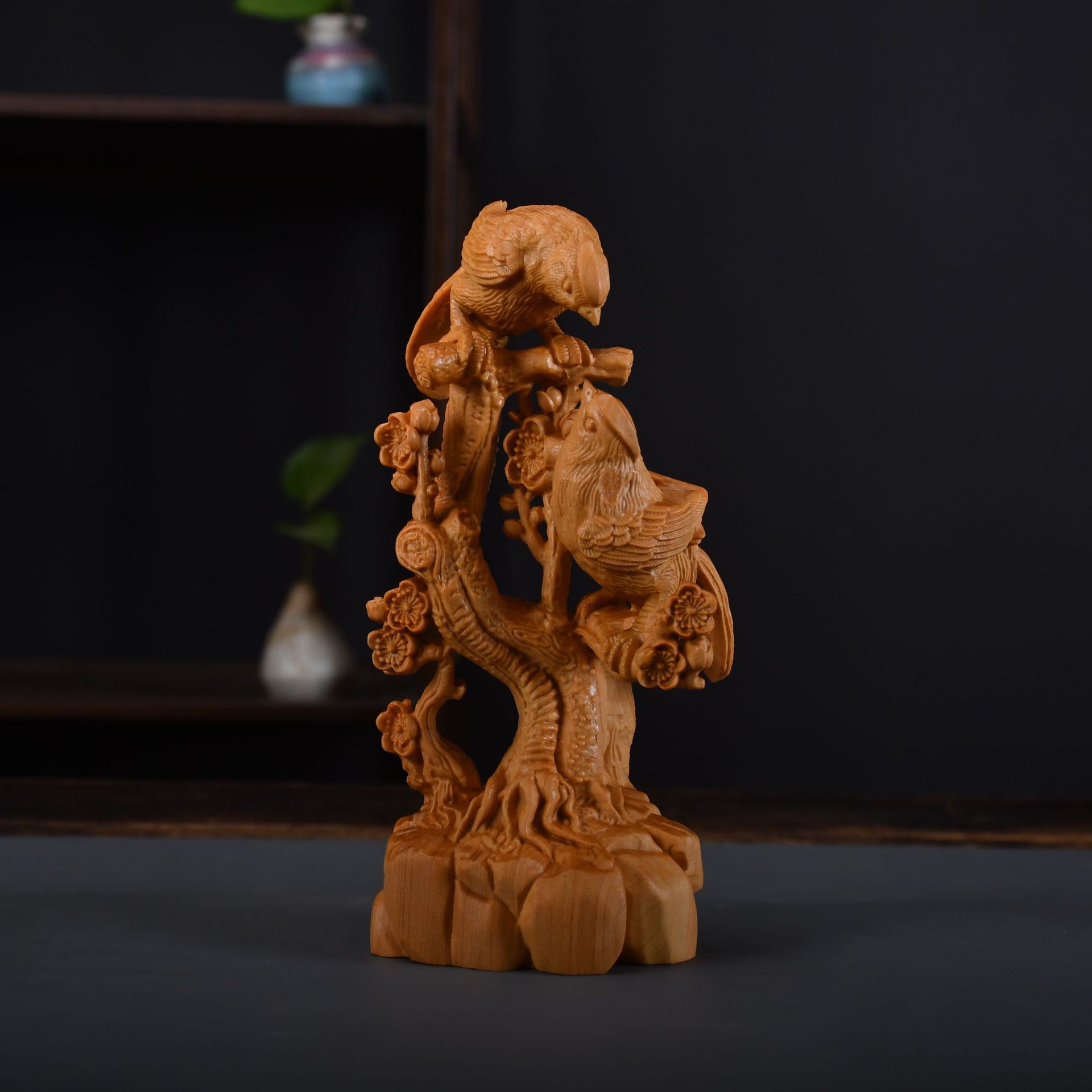 崖柏木雕喜上眉梢中式家居摆件乔迁结婚礼物双喜临门喜雀工艺品礼