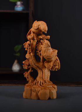 崖柏木雕喜上眉梢中式家居摆件乔迁结婚礼物双喜临门喜雀工艺品礼