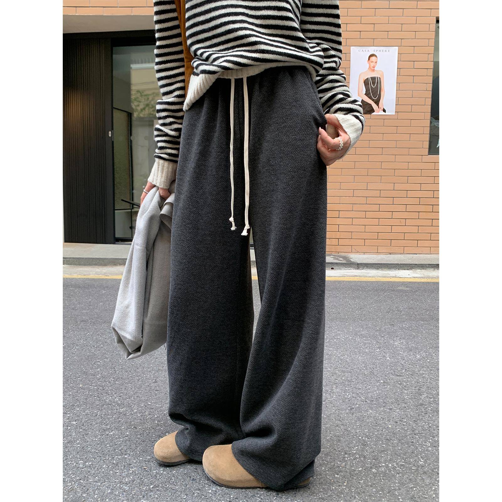 西西里安 过冬糯米裤~小个子纹理直筒宽裤女垂感加厚休闲厚棉裤