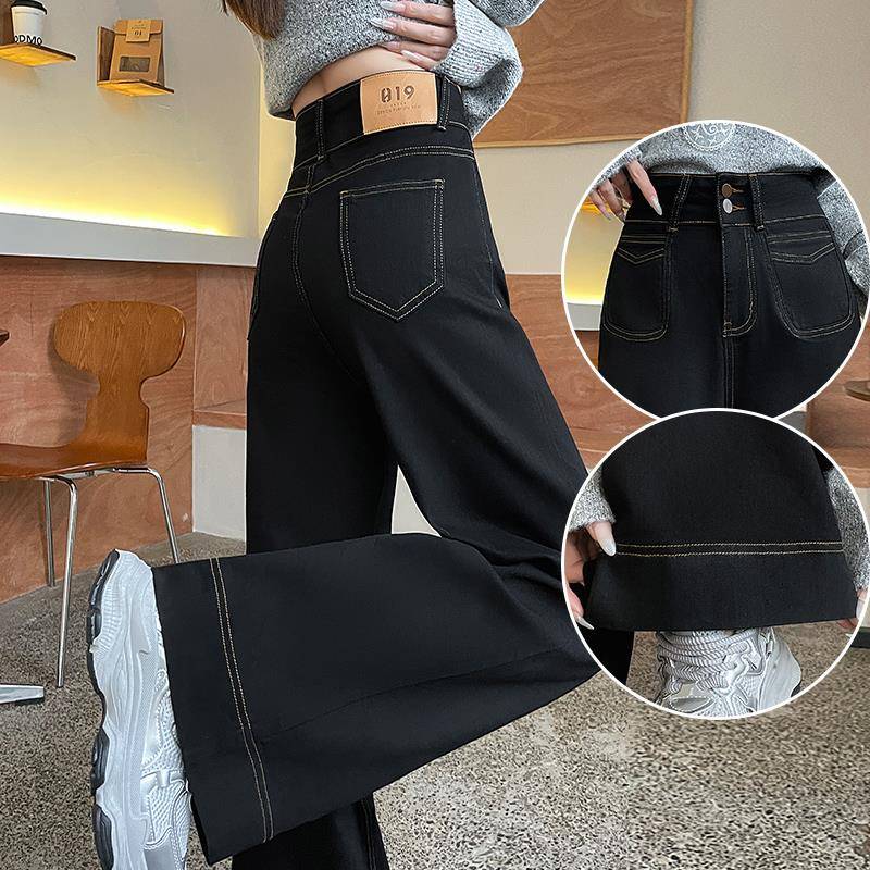 黑色阔腿牛仔裤女2025年夏季新款双扣高腰宽松直筒大喇叭拖地裤子