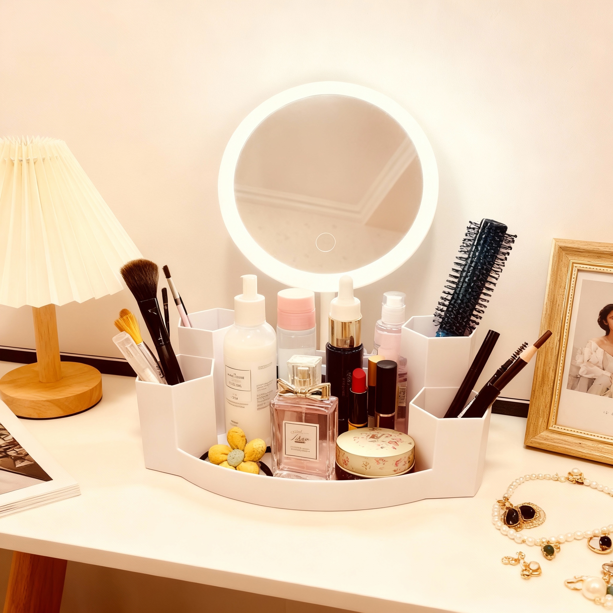 桌面化妆镜收纳盒一体梳妆镜子