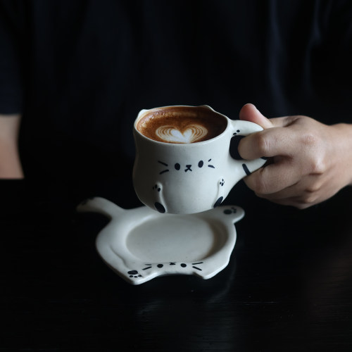 手工复古粗陶猫咪把手马克杯