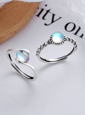 S925纯银韩版气质淑女款螺旋纹戒托蓝月光石百搭开口戒指女