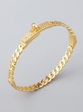 欧美时尚半钻满天星纽扣手镯手链气质ins镀18K玫瑰金手环高级感