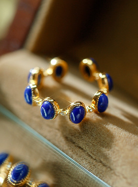 S925银镀金镶嵌青金石蛋面时尚别致女士开口可调节戒指指环