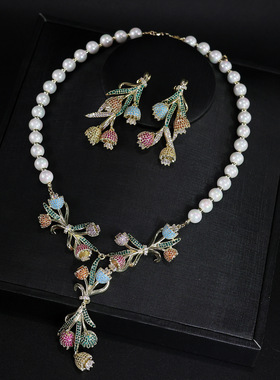 欧美跨境外贸高级设计感铃兰花项饰耳饰套装满钻镶锆石仿珍珠套装