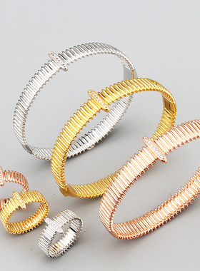 欧美跨境简约几何饰品光面手镯戒指套装男女气质弹簧扣饰品