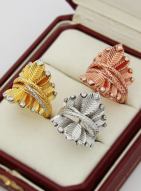 亚金首饰 咖啡豆叶子带钻戒指 咖啡树叶串戒指叶子串麻花戒指