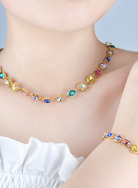 彩色锆石几何精致设计小众轻奢风格百搭时尚饰品高级感项链套装女