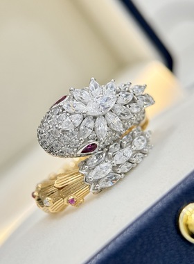 S925纯银 中古黄金蛇头满钻双色红眼睛戒指开口均码高级感高碳钻