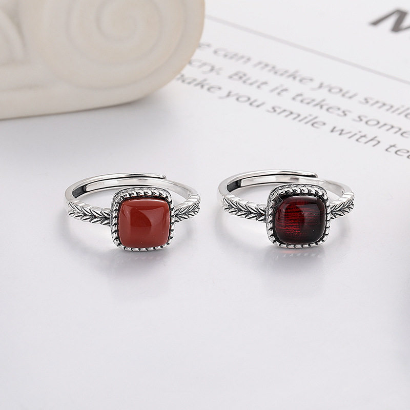 S925纯银麦穗纹南红戒指复古血珀指环可调节食指戒