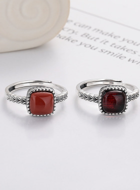 S925纯银麦穗纹南红戒指复古血珀指环可调节食指戒