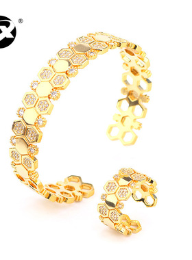 欧美夸张几何形饰品简约微镶锆石蜂巢六边形手镯戒指套装