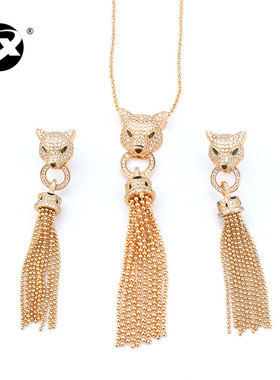 波西米亚小奢亚金豹子流苏耳坠耳饰时尚优雅豹头项链女式首饰套装