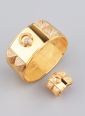 复古拉环菱锥女式创意手镯戒指套装饰品铜镀金微镶锆石