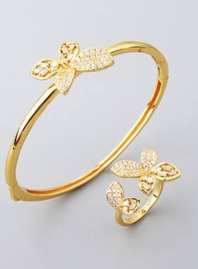 亚马逊新品田园风蝴蝶手镯戒指套装饰品女式马眼锆石镂空饰品